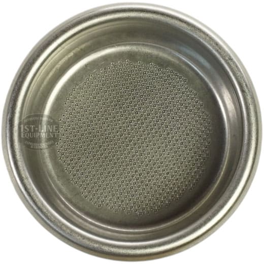 A top-down view of the Bezzera 5471021.01 58mm 2-Cup Filter Basket with Run Channel, a metal espresso portafilter basket featuring a perforated bottom for holding coffee grounds during brewing. © 2025 1st-line.com