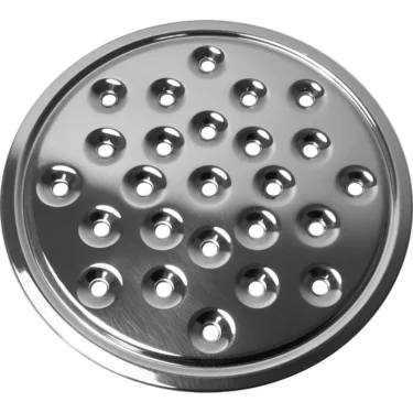 A top-view photo shows the Elektra 00156021 Chrome Drip Tray Plate—a round, shiny metallic disc with evenly spaced holes and raised edges—on a white background. © 2025 1st-line.com