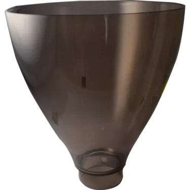 A translucent, dark gray plastic funnel, like the Macap C0007M113 Bean Hopper - MXK, M7K, features a wide top and narrow spout for directing liquids or powders into containers with small openings. © 2025 1st-line.com