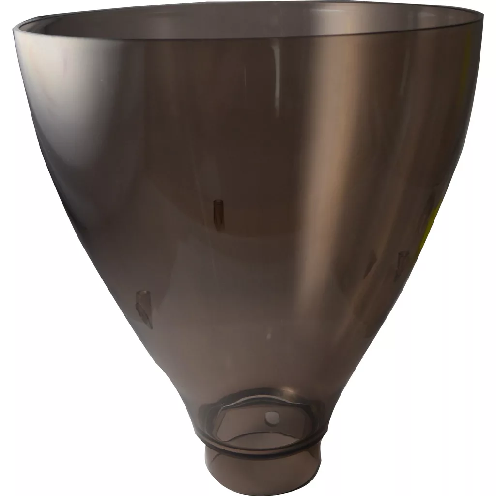 A translucent, dark gray plastic funnel, like the Macap C0007M113 Bean Hopper - MXK, M7K, features a wide top and narrow spout for directing liquids or powders into containers with small openings. © 2025 1st-line.com