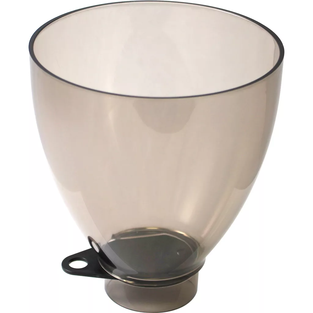 A transparent, smoke-colored plastic funnel, the discontinued Macap/Elektra C247002 Bean Hopper with stopper, features a wide opening and a tab with hole near the base for easy handling or hanging. © 2025 1st-line.com