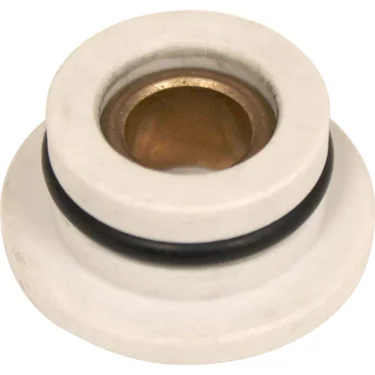 A white ceramic SPM Rulon Bushing for Nina, with a central bronze-colored hole and a black O-ring around its middle, is shown close-up against a plain background. © 2025 1st-line.com