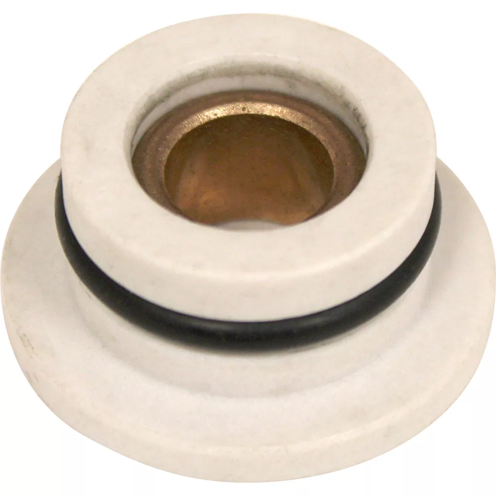 A white ceramic SPM Rulon Bushing for Nina, with a central bronze-colored hole and a black O-ring around its middle, is shown close-up against a plain background. © 2025 1st-line.com