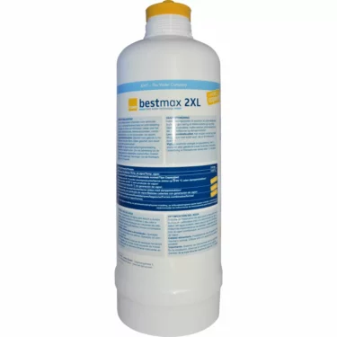A white cylindrical BWT Bestmax -2XL-Cartridge, Single features a blue and yellow multilingual label with instructions and a yellow cap on top. © 2025 1st-line.com