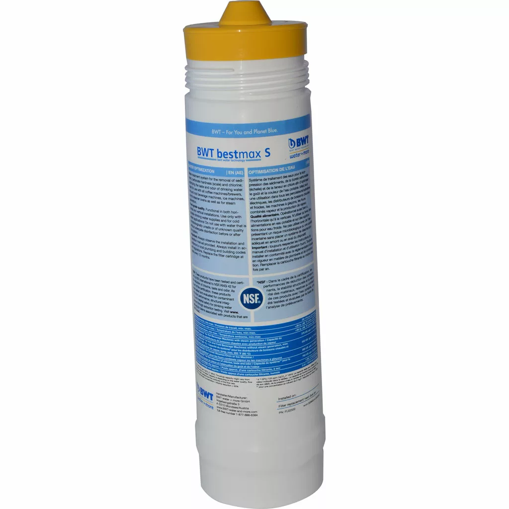 A white cylindrical BWT Bestmax -S-Cartridge, Single water filter with a yellow cap, blue and black text on the label, and an NSF certification logo on the front. © 2025 1st-line.com