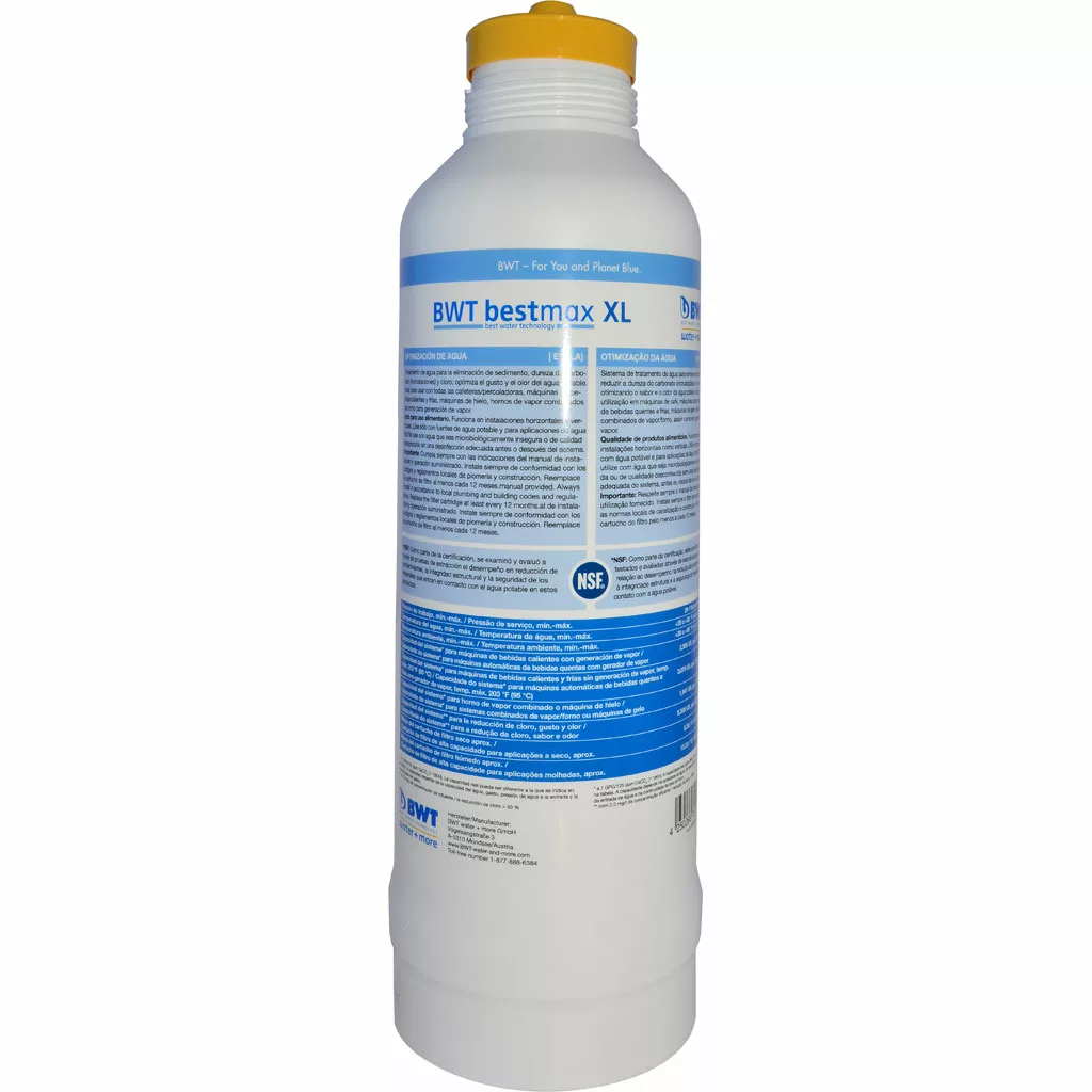 A white cylindrical water filter with a yellow cap, labeled BWT Bestmax -XL-Cartridge, Single, featuring a blue label with detailed information and certification logos. © 2025 1st-line.com