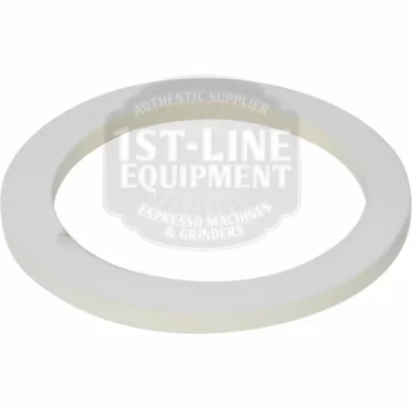 A white, flat, circular 60-6 Cup Moka Pot Gasket Replacement with a smooth surface is displayed on a plain background. A watermark reads 1st-Line Equipment, Espresso Machines & Grinders—ideal for 6 cup Moka Pots. © 2025 1st-line.com