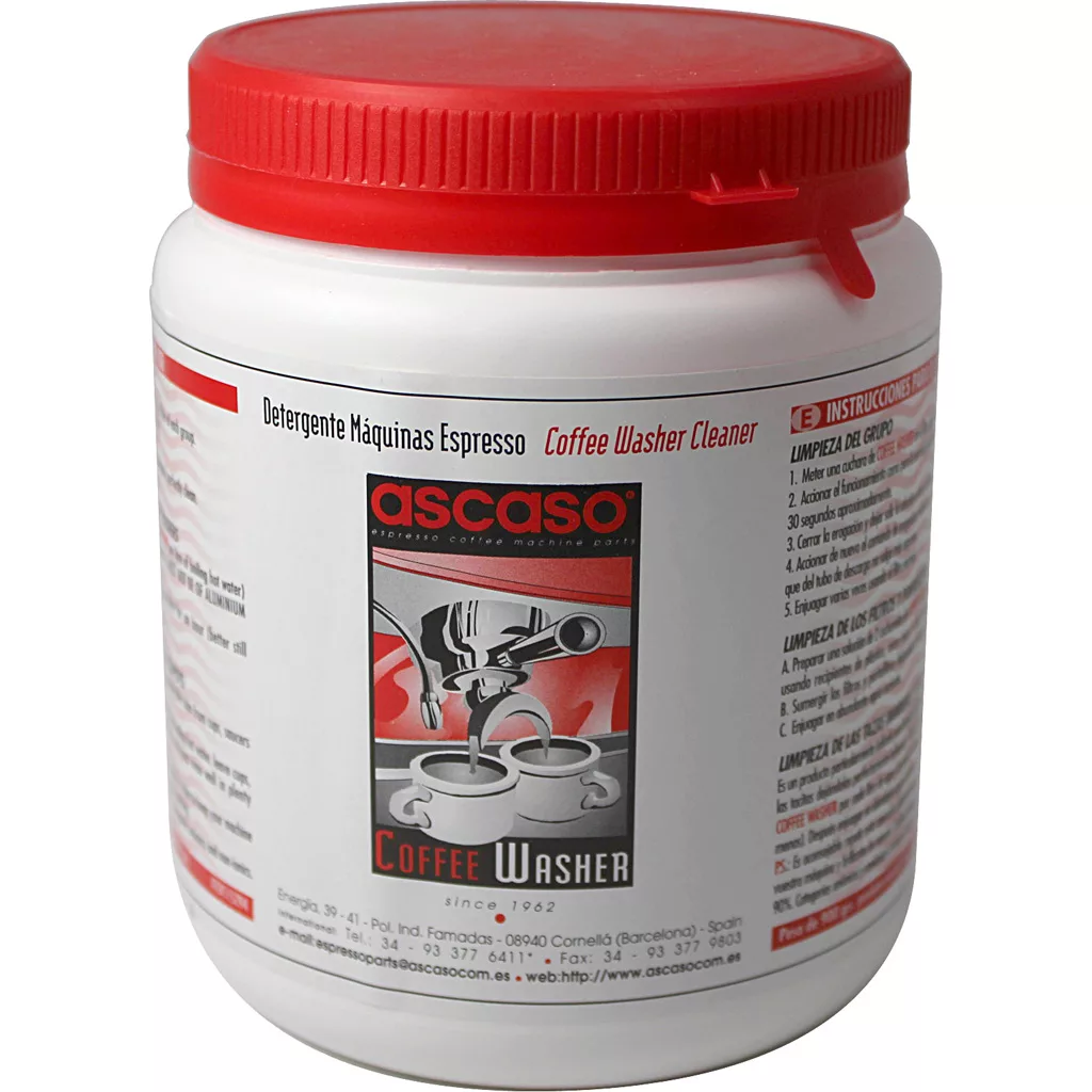 A white plastic jar with red lid labeled “DISCONTINUED Ascaso V101 Coffee Washer Backflush Detergent – 900 gram,” an espresso machine cleaner. The bilingual label includes usage instructions and coffee cup illustrations. © 2025 1st-line.com