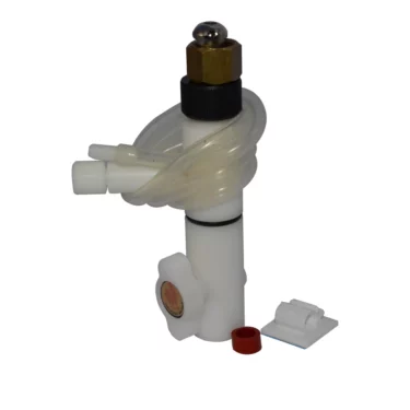 A white plastic valve assembly for the Grimac Cappuccino Master-Milk Frother featuring clear tubing, black collar, brass top fitting, white knob, small red cap, and a white bracket is shown against a plain white background. © 2025 1st-line.com