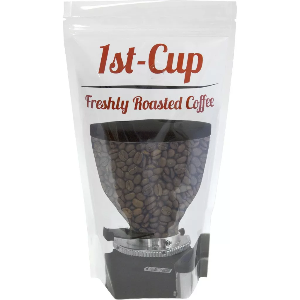 A white resealable bag labeled “DISCONTINUED 1st-Cup Fattobene ROASTED Coffee Beans - per pound” shows coffee beans and a grinder on the front. This popular item is no longer available. © 2025 1st-line.com