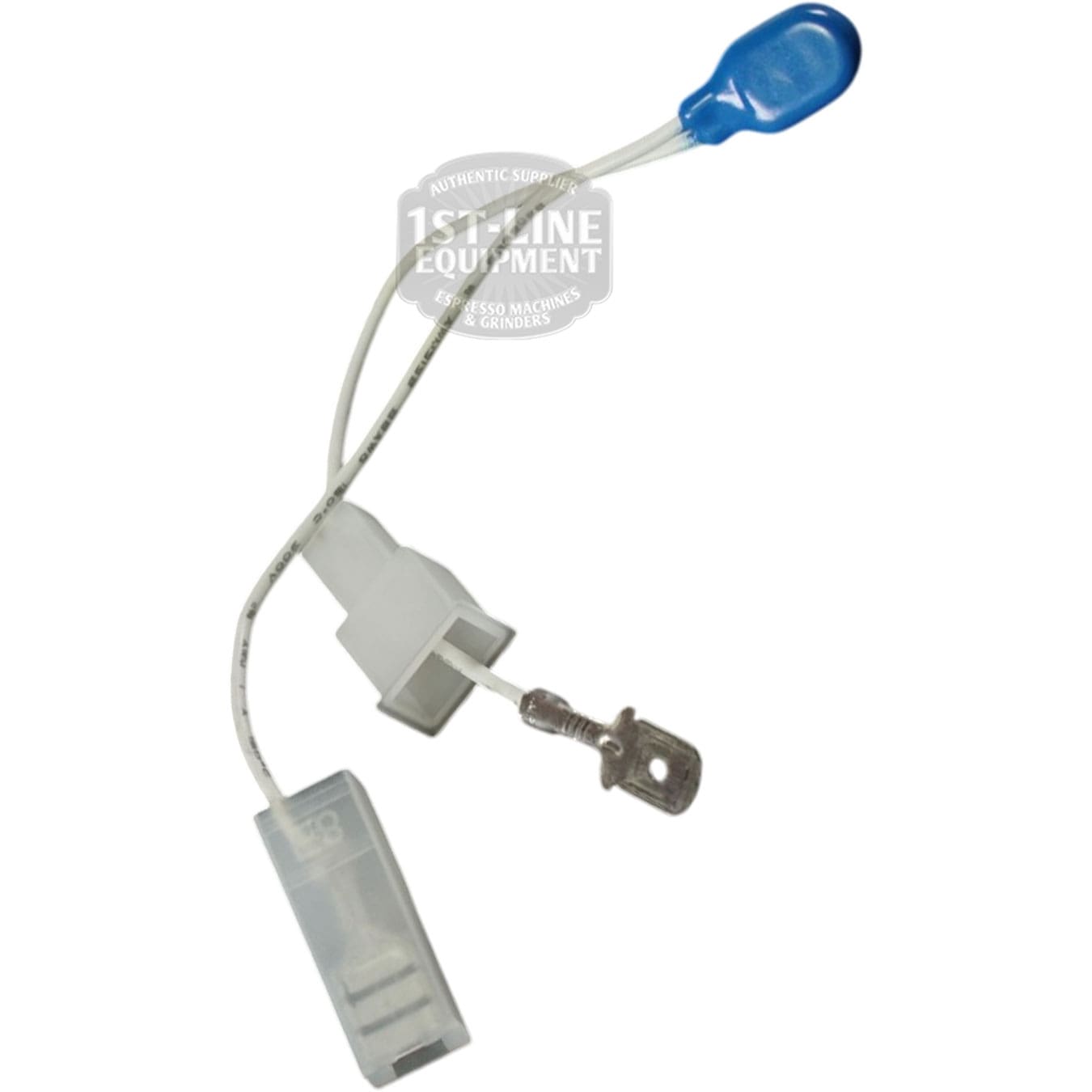A white wire with a blue cap, metal sensor probe, and white rectangular connector, likely a VBM TERMPROTDOMSU 110 Degree Thermic Protection device for appliances. © 2025 1st-line.com