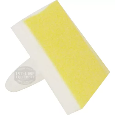 A yellow and white triangular sponge with a handle is shown against a white background, ideal for cleaning and maintaining the Ascaso I.3030 Electrical Thermostat Circuit Fixation. © 2025 1st-line.com