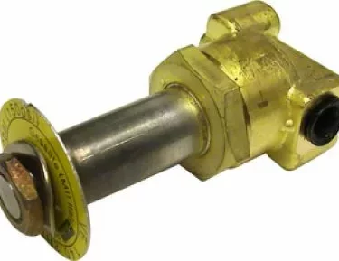 A yellow metal hydraulic component with a cylindrical shaft, hexagonal body, attached washer, and end bolt—similar to the Elektra 01847035 Solenoid valve Pilot - 2 Way used in industrial or mechanical systems. © 2025 1st-line.com