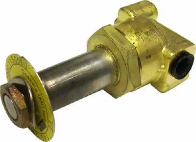 A yellow metal hydraulic component with a cylindrical shaft, hexagonal body, attached washer, and end bolt—similar to the Elektra 01847035 Solenoid valve Pilot - 2 Way used in industrial or mechanical systems. © 2025 1st-line.com