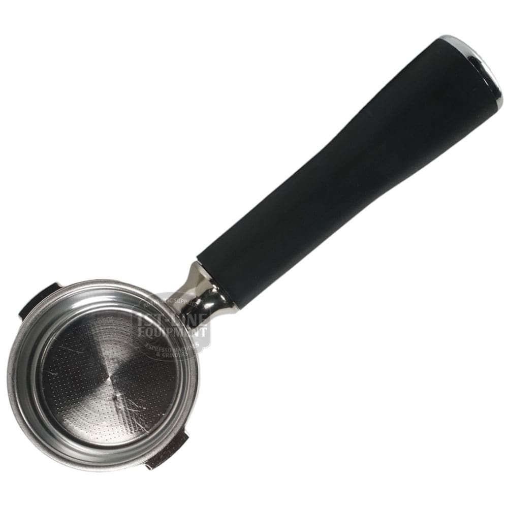 An Ascaso PM.100 Versatile Portafilter 57mm with Single Cup Basket and a black handle is shown from above on a white background, with the empty and clean basket visible. © 2025 1st-line.com