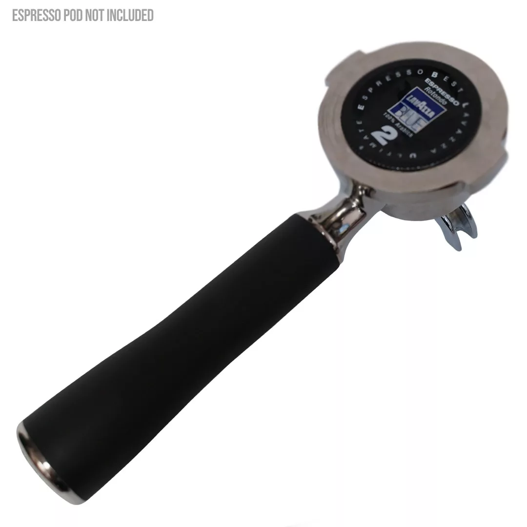 An Ascaso PM..84 Capsule Portafilter—dual spout, double dose, Lavazza Point compatible—with a black handle is shown on a white background. The circular holder shows a central label. Top left text: “ESPRESSO POD NOT INCLUDED.”. © 2025 1st-line.com