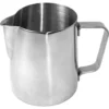 An Update International 12 fl oz (35 cl) Milk Frothing Pitcher with a spout and sturdy handle is shown from above at an angle, highlighting its shiny, reflective stainless steel surface. © 2025 1st-line.com