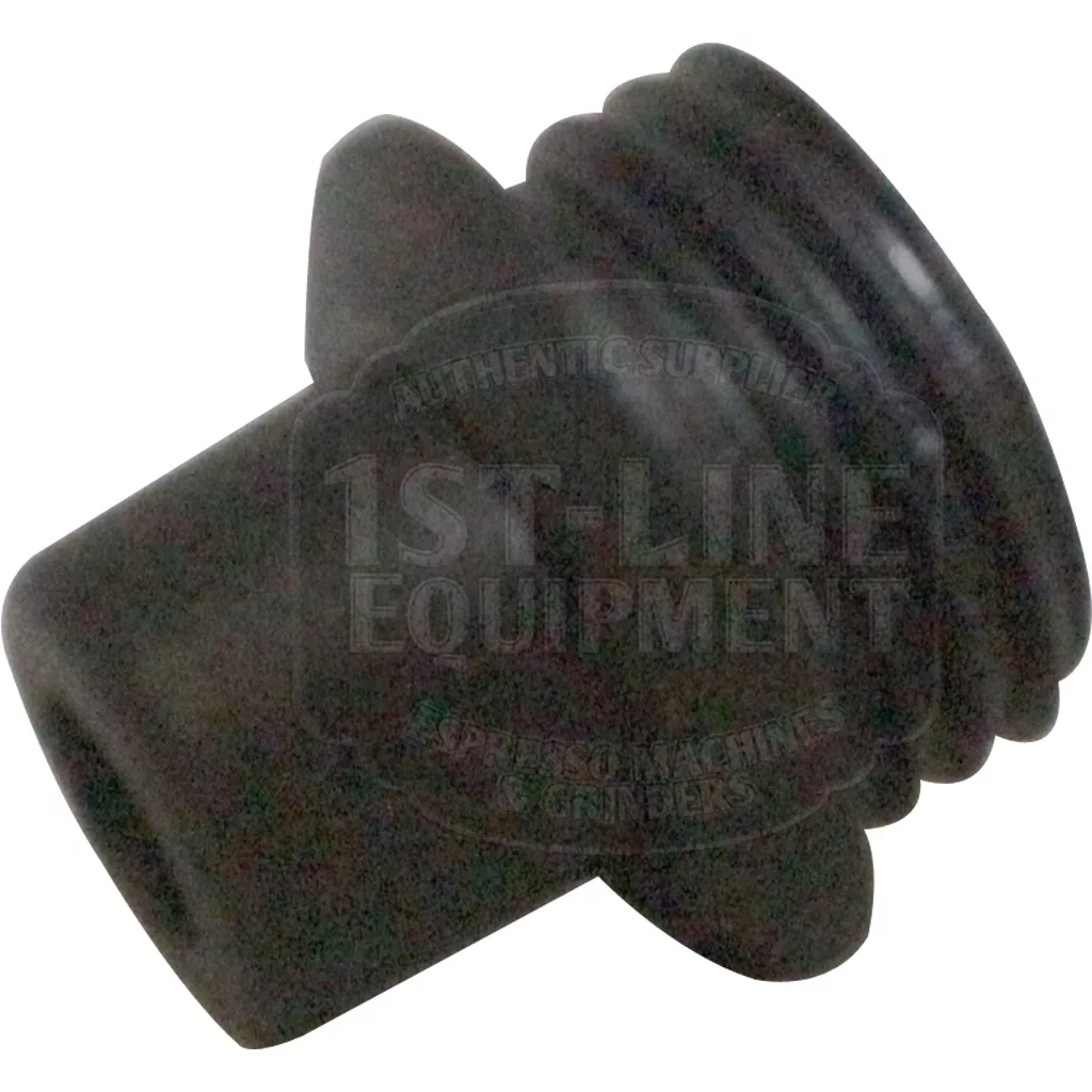 Angled view of the Ascaso I.2584 Extra Cream Stop—black plastic threaded adapter with ridges and grooves, designed as a replacement part for compatible machines or appliances. © 2025 1st-line.com