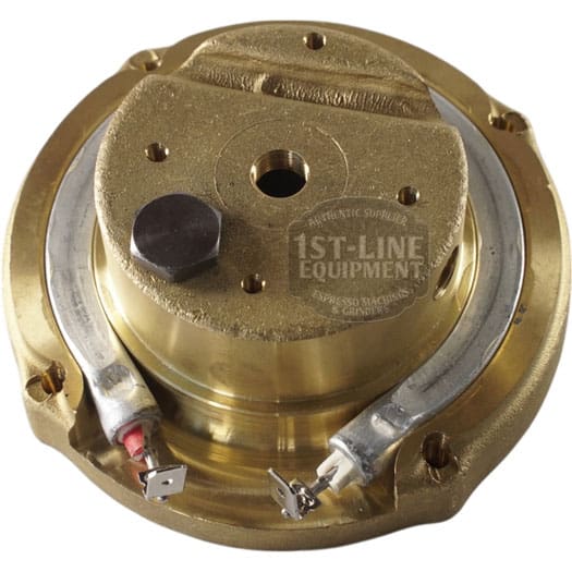 Ascaso I.365N 110V Brass Boiler / Heating Element (2 hole) with electrical connectors and two attached wires, shown from above on a white background. © 2025 1st-line.com