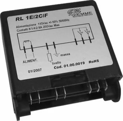 Black electronic relay module RL 1EI2CIF by Ciemme with wiring diagram and specs, compatible with Elektra 01371035 Level Control 110V—Deliziosa Levetta 1 Group (up to 2009). Visible: terminals, voltage, contacts, date, code, RoHS. © 2025 1st-line.com
