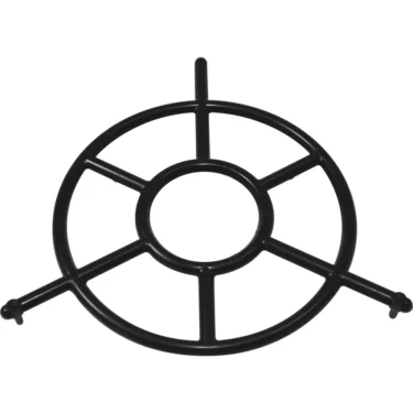 Black metal circular stove grate with four spokes and three small protruding feet, designed to support cookware on a stovetop, similar to the Macap C0007M101B Bean Diffuser / Fingerguard - M7. © 2025 1st-line.com