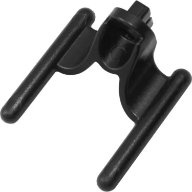 Black plastic LEGO minifigure chair with two armrests and a central attachment pin, compatible with the Macap Fork - M2D for creative building projects. © 2025 1st-line.com