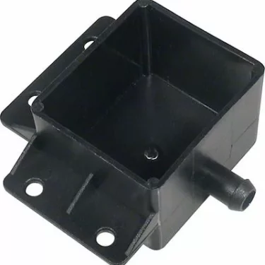 Black plastic rectangular enclosure with four mounting holes and a small cylindrical protrusion, similar to the Fiorenzato A1600002 plastic catch basin used under the drip tray for Fiorenzato commercial Espresso Machines. © 2025 1st-line.com