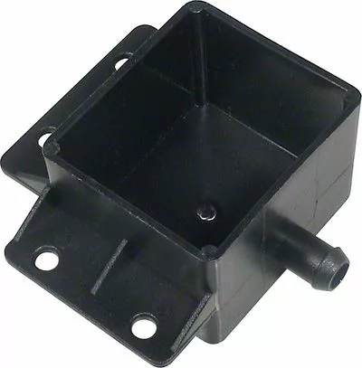 Black plastic rectangular enclosure with four mounting holes and a small cylindrical protrusion, similar to the Fiorenzato A1600002 plastic catch basin used under the drip tray for Fiorenzato commercial Espresso Machines. © 2025 1st-line.com