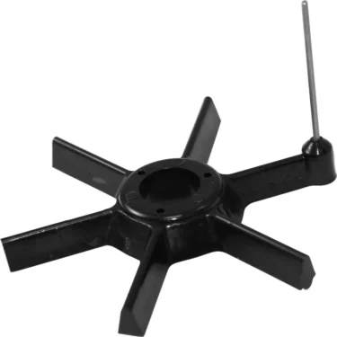 Black plastic six-blade impeller for Macap C0002M124 Upper Doser Sweeping Vane - M4 / M5, with a metal pin on one blade, shown on a white background. © 2025 1st-line.com