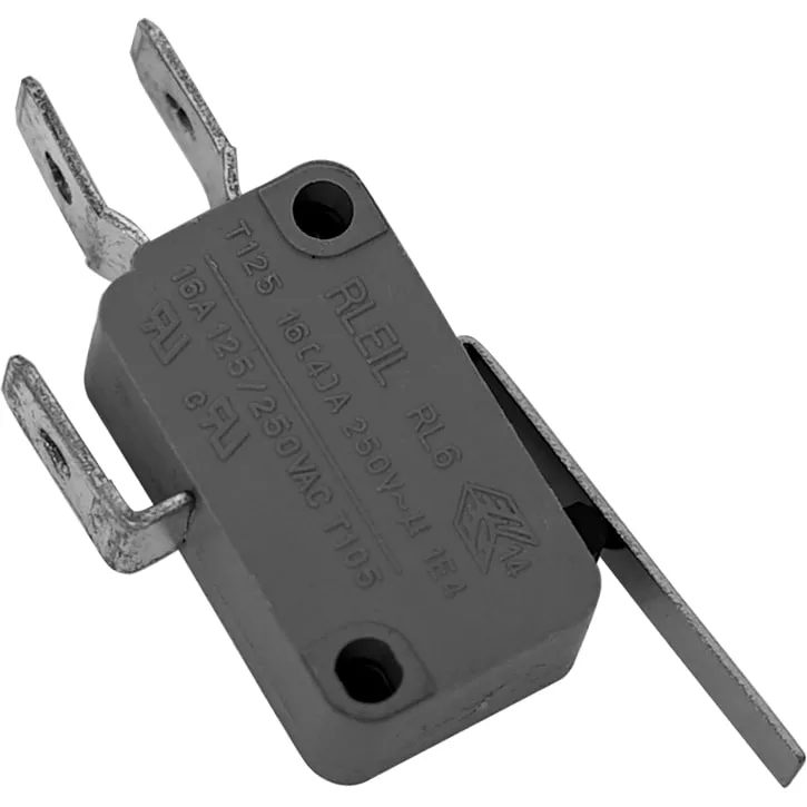 Black, rectangular Ascaso I..169 Microswitch for steam knob with two metal prongs and a side flat metal lever; surface markings visible. Common replacement part in Ascaso machines, typically used for the steam knob function. © 2025 1st-line.com