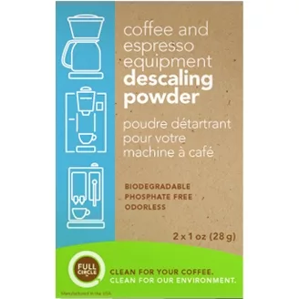 Box of DISCONTINUED - Full Circle Coffee & Espresso Equipment Descaling Powder (2 x 1 oz) with blue and white line art of coffee machines on brown, plus a green section emphasizing its eco-friendly formula. © 2025 1st-line.com