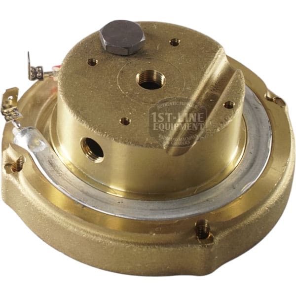 Brass Ascaso I.365N 110V boiler/heating element with 2 holes, electrical connection, and mounting points for industrial or commercial equipment. © 2025 1st-line.com