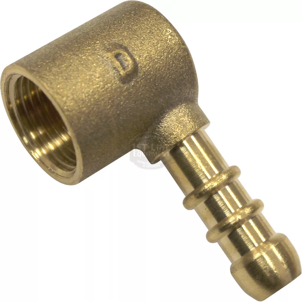 Brass hose barb elbow fitting with a threaded female end and a ribbed male barbed end, designed to connect tubing at a right angle—compatible with the Bezzera 5224403.01 Drip Tray Holder - D 11 OT. © 2025 1st-line.com