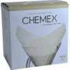 Chemex FS-100 Prefolded Square Coffee Filters, 100 count, shown in a Chemex coffee maker. The packaging highlights 100 filters and the slogans “Pure Design. Pure Flavor.”. © 2025 1st-line.com