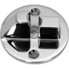 Chrome-plated round door strike plate with two screw holes and a raised latch area, designed for securing a lock—features a finish similar to the Elektra 00525021 Chrome Grouphead Cover. © 2025 1st-line.com