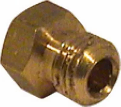 Close-up image of a small, hexagonal DISCONTINUED Grimac Faema Grouphead Jet Screw/Orifice with threading and a central hole, designed for use in plumbing or gas systems. © 2025 1st-line.com