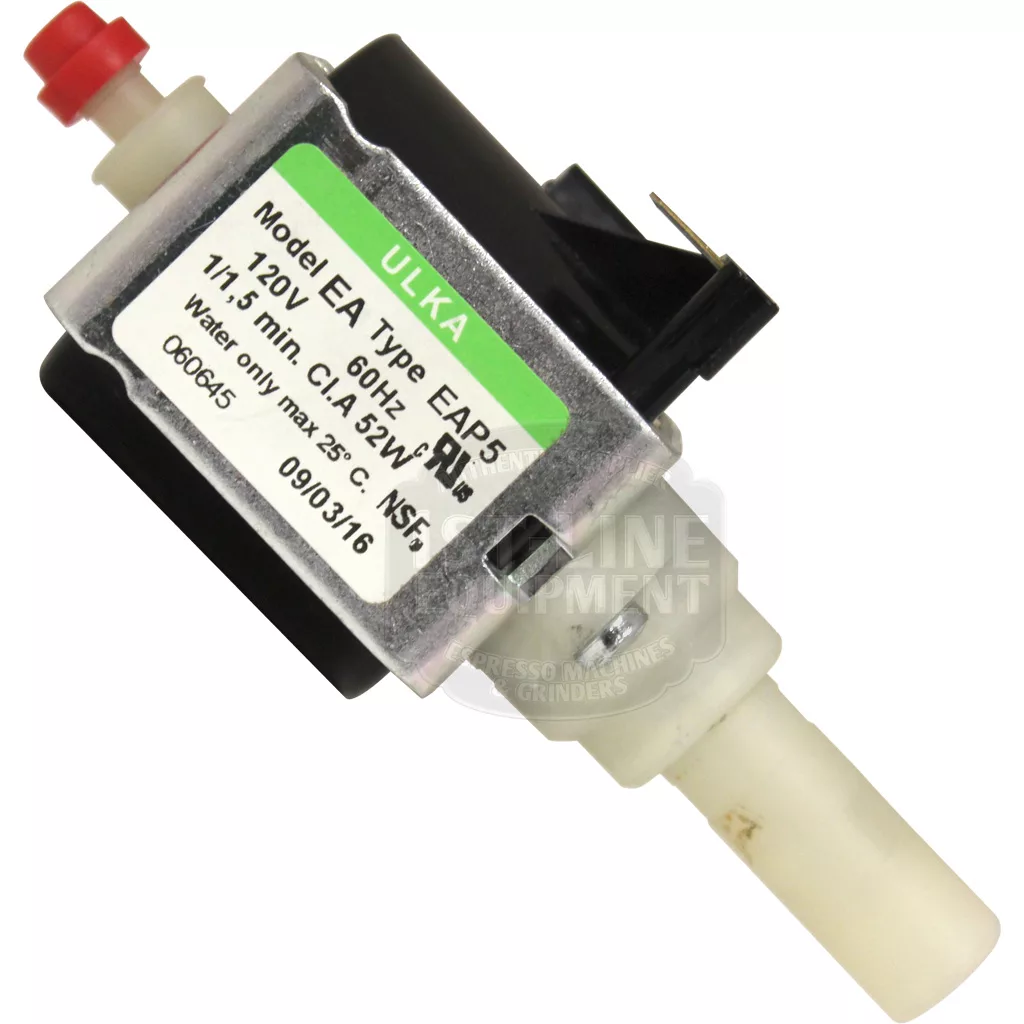 Close-up of a DISCONTINUED Ulka Pump EAP5 (120V, 60Hz, 52W) for water-only use; features white and black plastic parts on a metal body—typically used in Lelit models. © 2025 1st-line.com