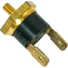 Close-up of a Fiorenzato A1400045 100°C Thermostat: an automotive brass and black sensor switch with two flat terminals and threaded post, designed for compatibility with Fiorenzato equipment. © 2025 1st-line.com