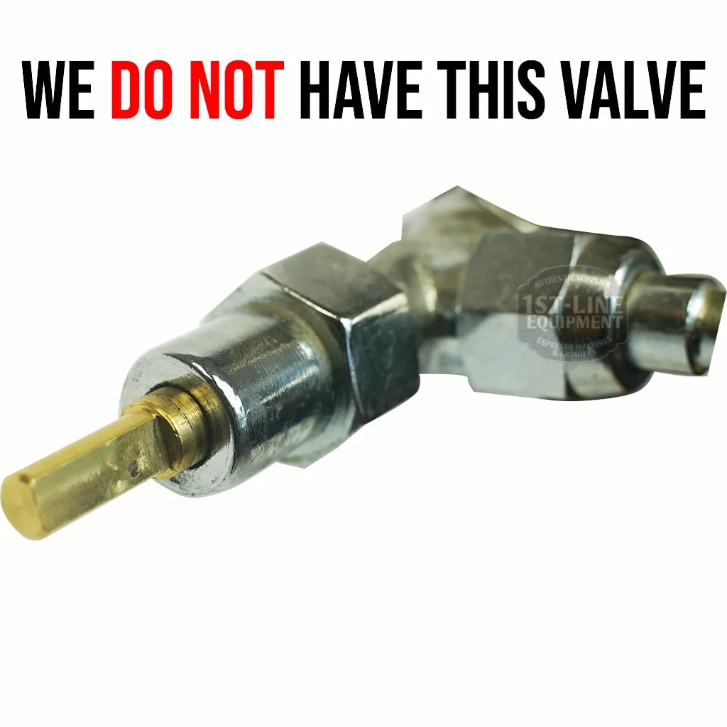 Close-up of a Fiorenzato A2200080 Complete Steam Valve with a brass stem, featuring the bold text WE DO NOT HAVE THIS VALVE and the words DO NOT highlighted in red. © 2025 1st-line.com