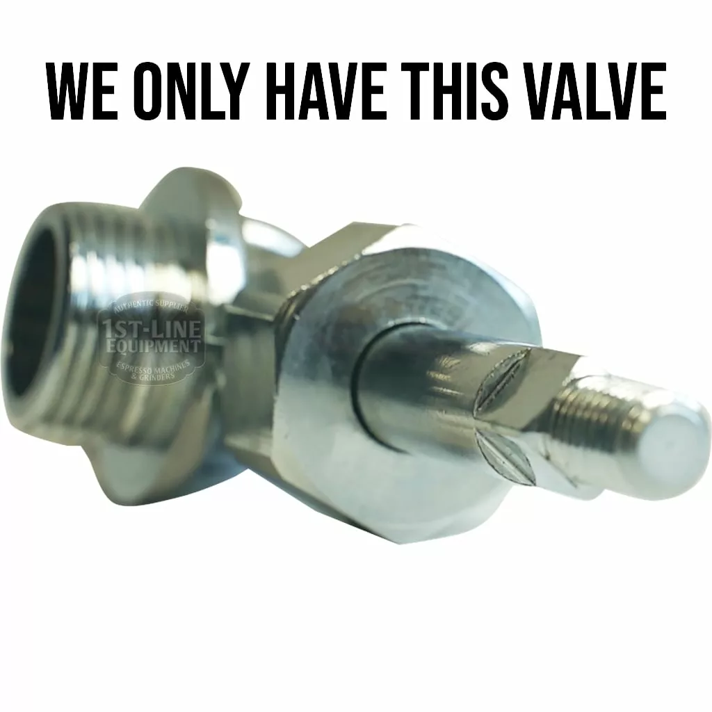 Close-up of a Fiorenzato A2200080 Complete Steam Valve with a threaded end. Bold text above reads: WE ONLY HAVE THIS VALVE. © 2025 1st-line.com