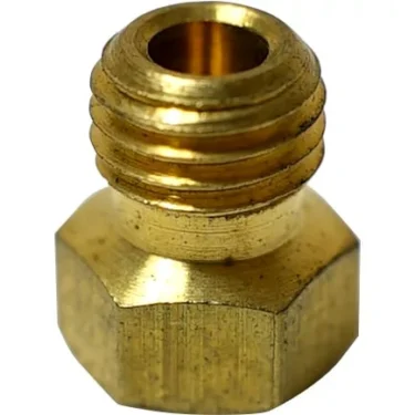 Close-up of a Fiorenzato A2200174 Jet M6X0.75 with a 0.7mm hole, threaded top, and hexagonal base; this small metal component is commonly used in carburetors to regulate fuel flow. © 2025 1st-line.com