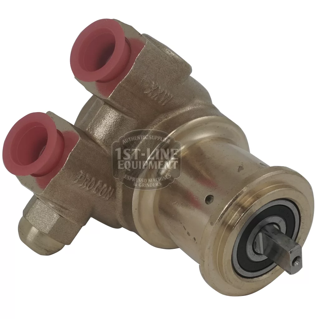 Close-up of a Procon Rotary Vane Pump and Bracket with three angled, red-capped ports, a metal shaft at the base, and “1st-Line Equipment” branding. © 2025 1st-line.com