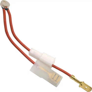 Close-up of a red two-wire electrical cable with a white connector and metal terminal on one end, and on the other end, the VBM TERMPROTDOMSU 110 Degree Thermic Protection metallic sensor or cap. © 2025 1st-line.com