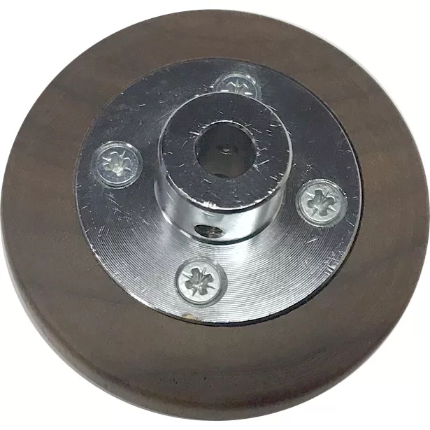 Close-up of a round caster wheel with a brown rubber layer, shiny metal center with three screws and a hole, plus walnut wood accents inspired by the Ascaso PM.258 Walnut Wood Steam Knob design. © 2025 1st-line.com