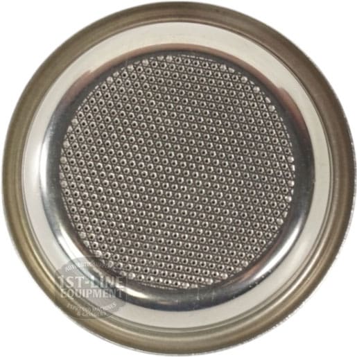 Close-up of a round metal Rancilio 40100010 2-Cup Replacement Filter Basket/Cup with fine mesh and perforations, designed to evenly distribute water over coffee grounds in espresso machines during brewing. © 2025 1st-line.com