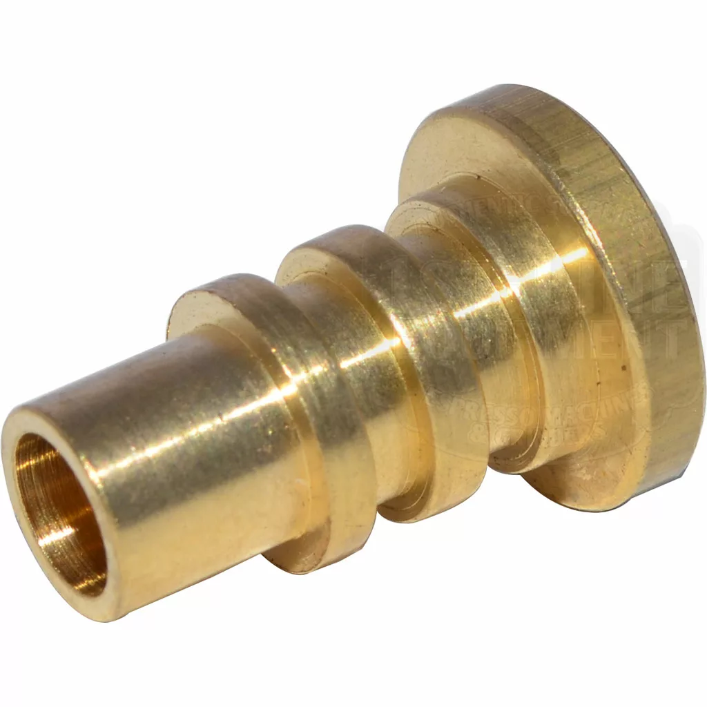 Close-up of a small, gold-colored brass fitting with ridges and a flat flange, designed for plumbing or connecting components such as the ECM P6003.14 Steam/Hot Water Wand Ball Pan QS. © 2025 1st-line.com