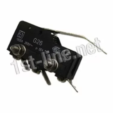 Close-up of a VBM ELETMICP1 Microswitch - water reservoir, black with three metal terminals and a long thin lever arm, labeled G26 and 250V~, shown against a white background. © 2025 1st-line.com