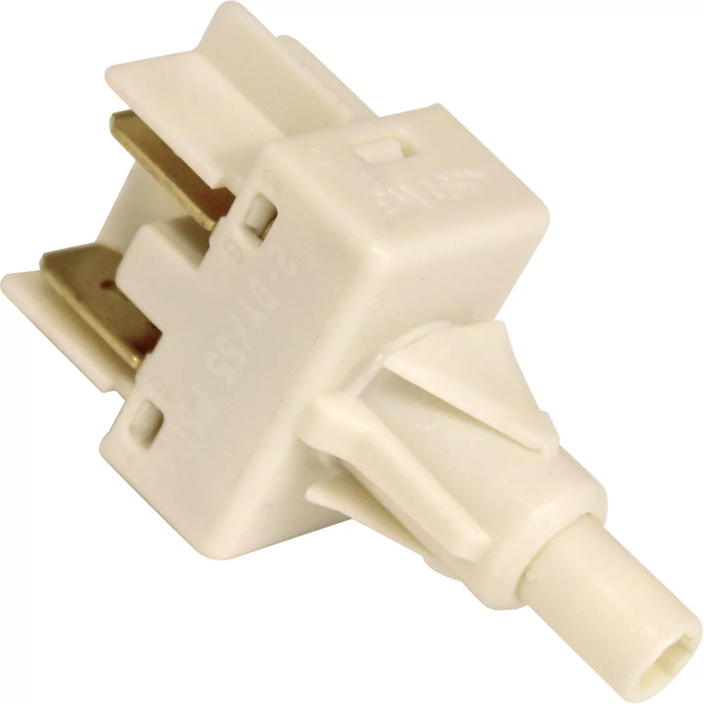 Close-up of a white plastic Ceado Switch for On / Off - E6P, E6X, E9, featuring two metal prongs and a cylindrical actuator, commonly used as an appliance or car door switch. © 2025 1st-line.com
