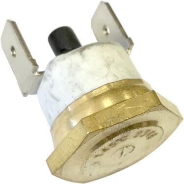Close-up of an ACS ONE0027 High Limit/Safety Thermostat featuring a hexagonal brass base, white ceramic middle section, black plastic center post, and two flat electrical terminals on top. © 2025 1st-line.com
