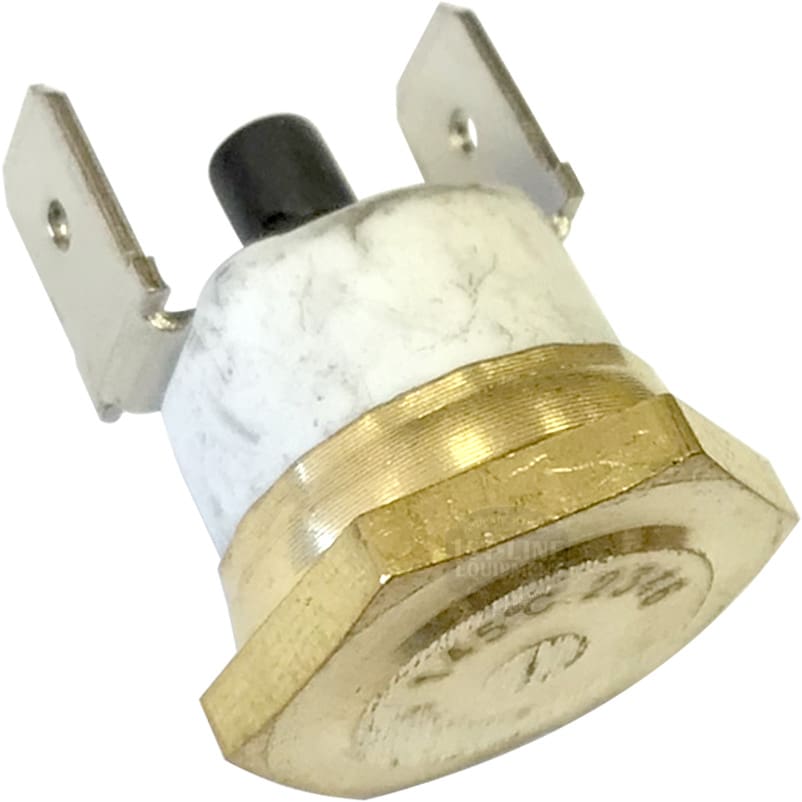 Close-up of an ACS ONE0027 High Limit/Safety Thermostat featuring a hexagonal brass base, white ceramic middle section, black plastic center post, and two flat electrical terminals on top. © 2025 1st-line.com